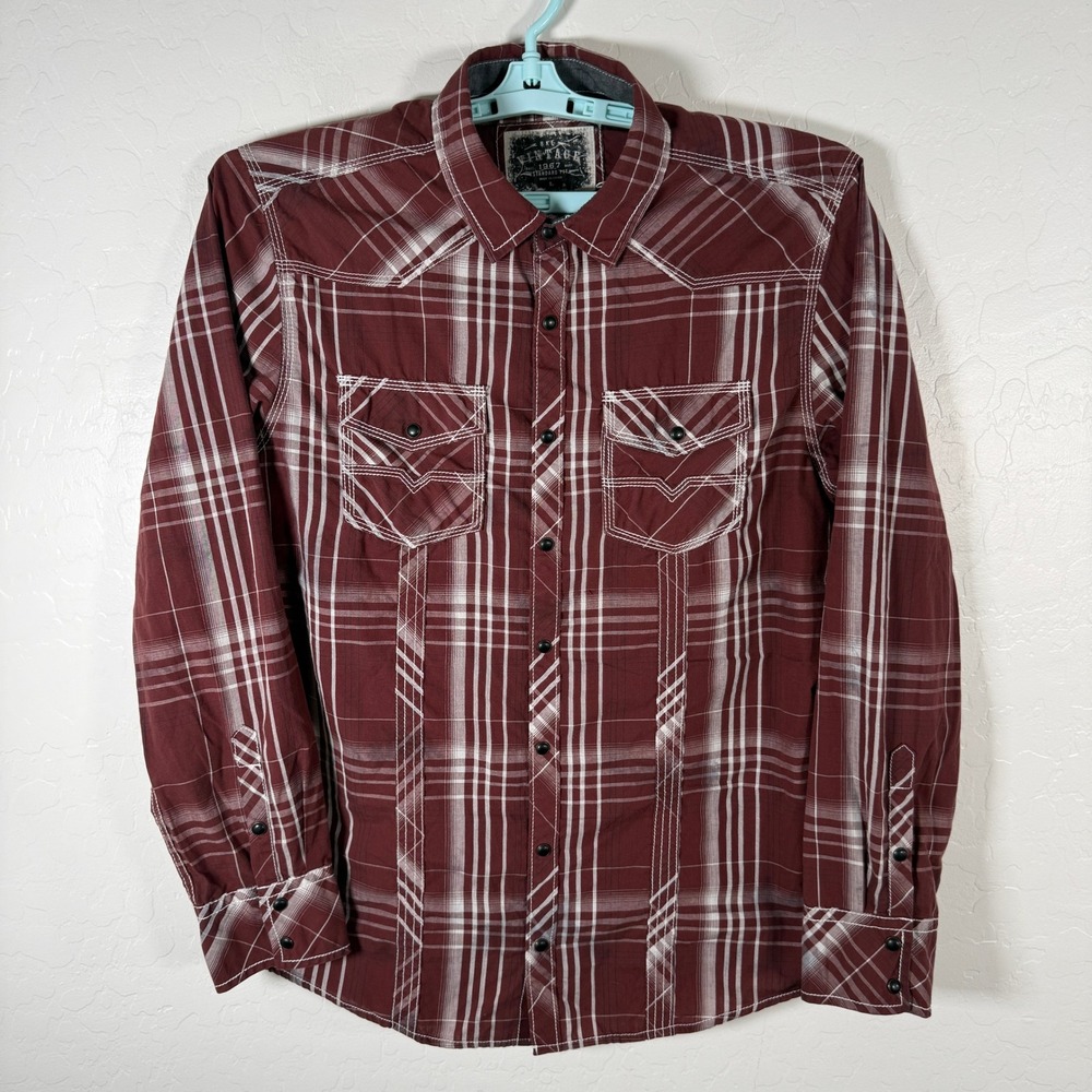 BKE Vintage Western Shirt Mens Large Red Plaid Pearl Snap Long Sleeve Rockabilly